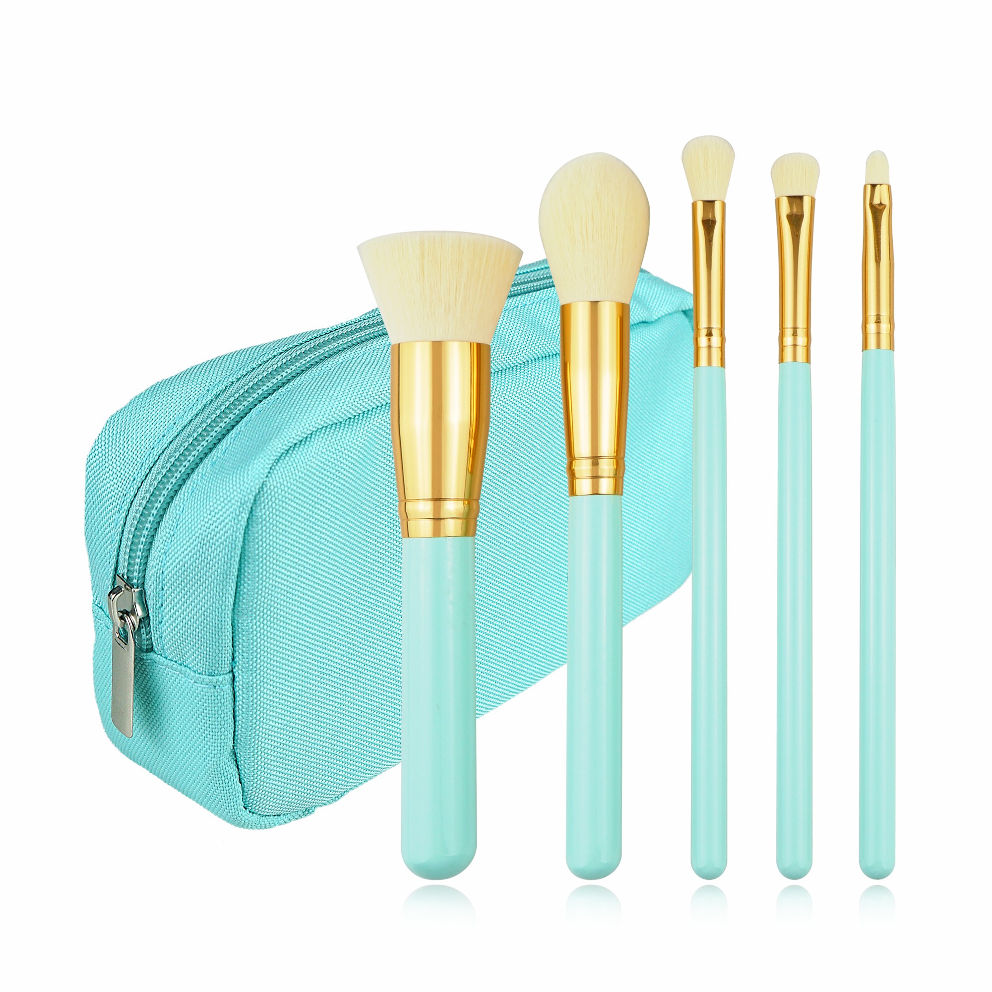 2258 (1) 5PCS Cyan Travel Makeup Brush Set